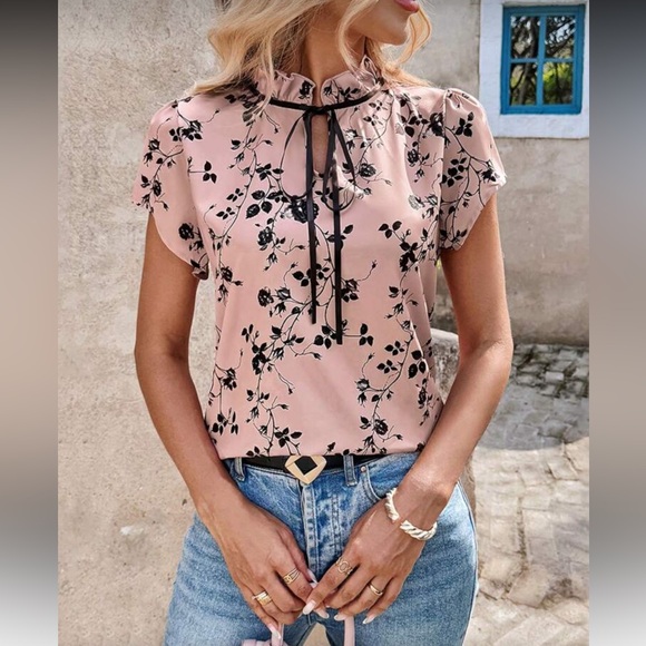 Floral Print Ruffle Neck Blouse - Picture 1 of 7